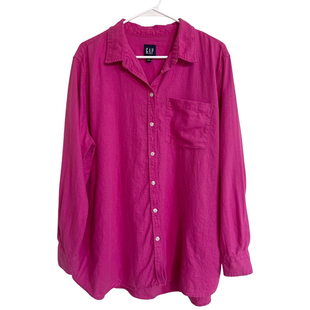 GAP Women's Linen Blend Button Down Shirt XXL Raspberry Pink Long Sleeve